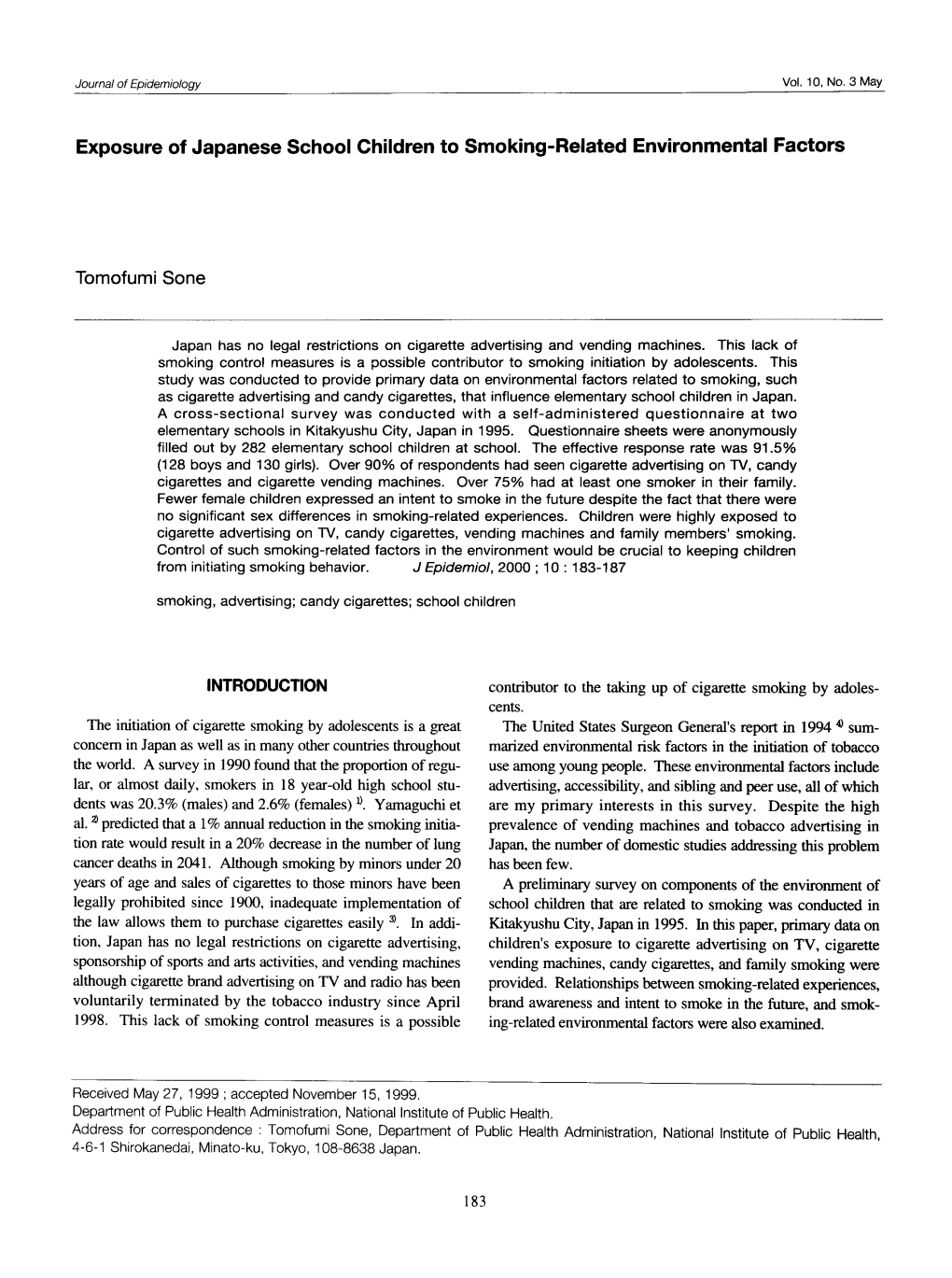 Exposure of Japanese School Children to Smoking-Related Environmental Factors