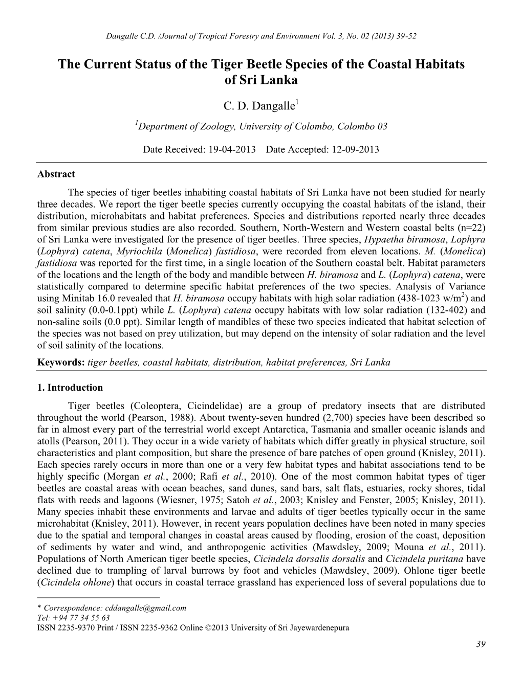 The Current Status of the Tiger Beetle Species of the Coastal Habitats of Sri Lanka