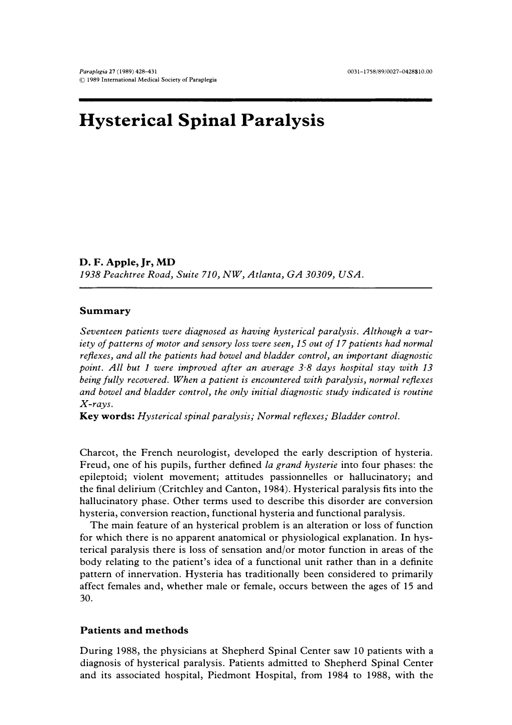 Hysterical Spinal Paralysis