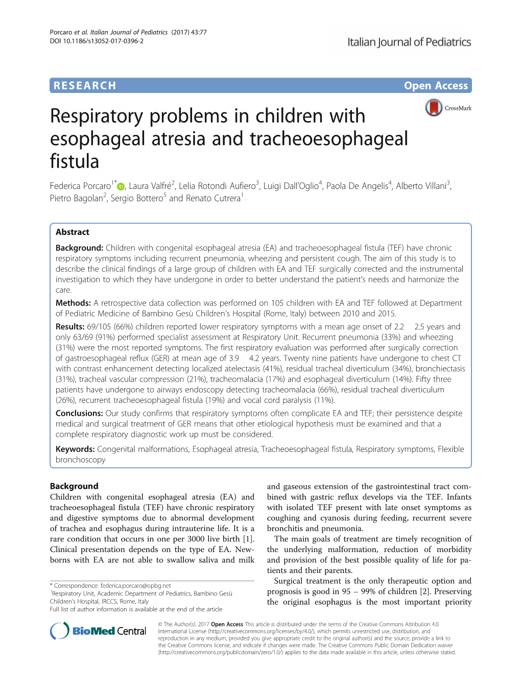 Respiratory Problems in Children with Esophageal Atresia And