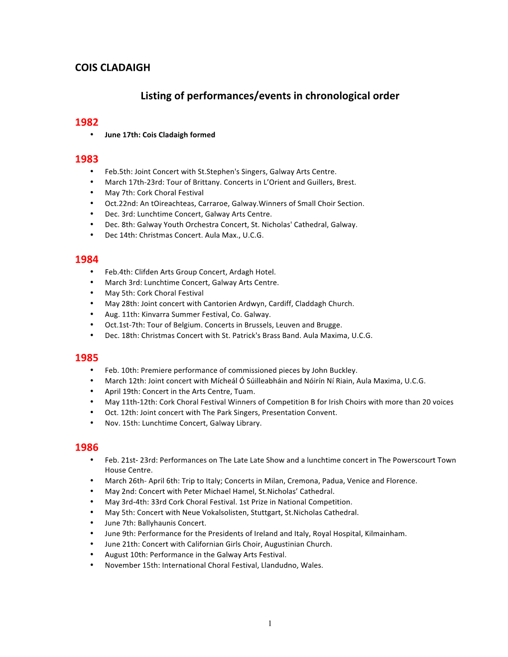 COIS CLADAIGH Listing of Performances/Events In