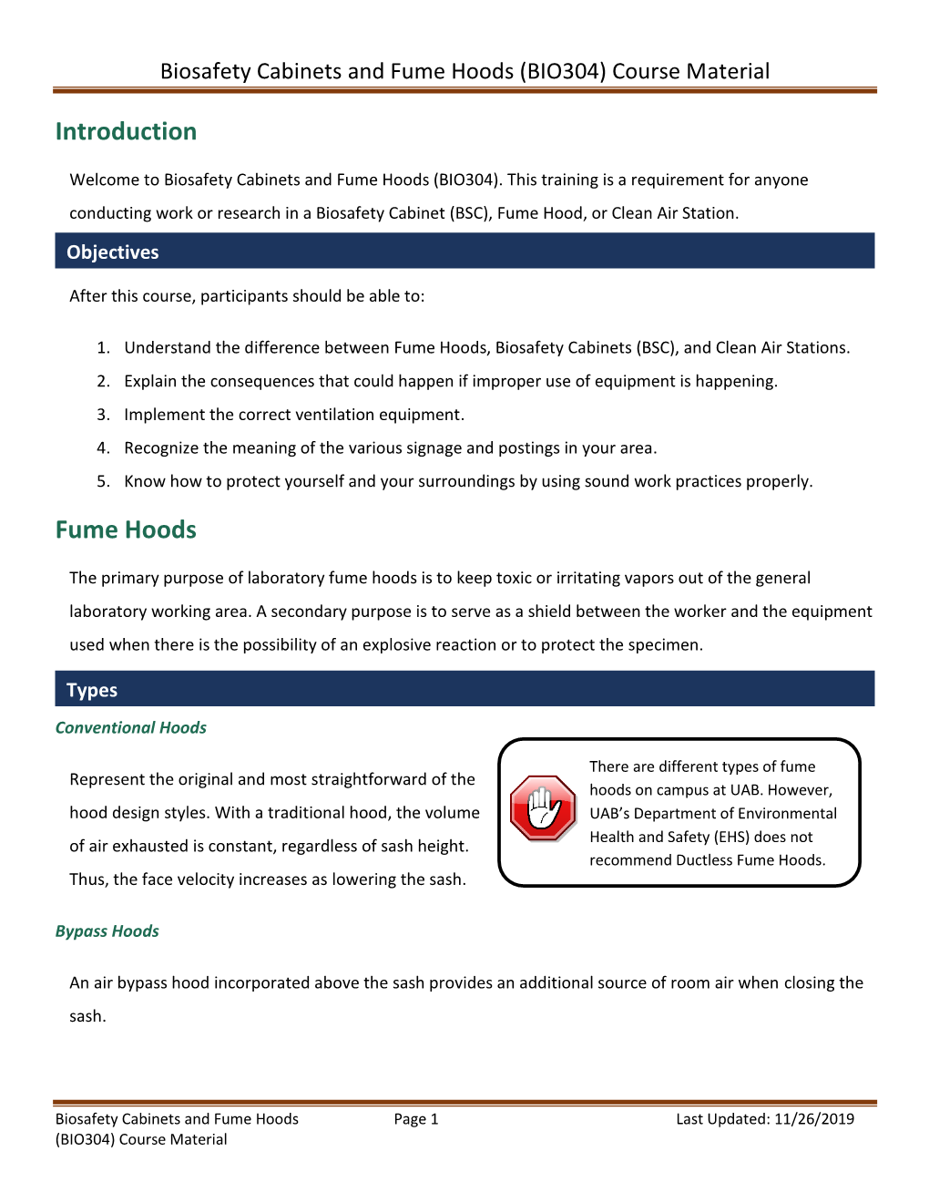 Biosafety Cabinets and Fume Hoods (BIO304) Course Material