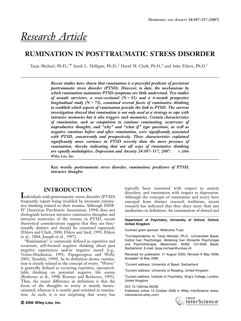 Rumination in Posttraumatic Stress Disorder. Depression