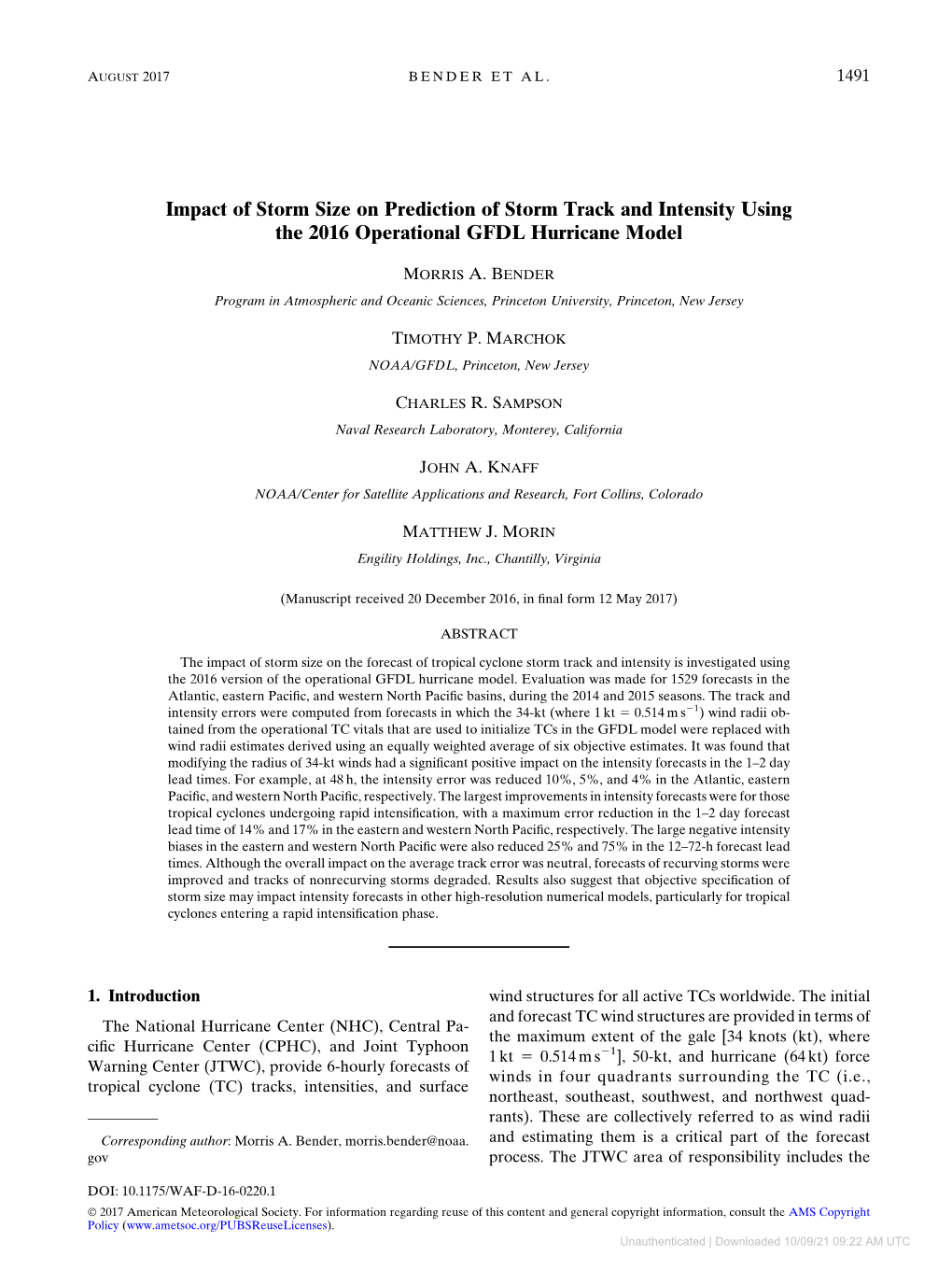 Impact of Storm Size on Prediction of Storm Track and Intensity Using the 2016 Operational GFDL Hurricane Model