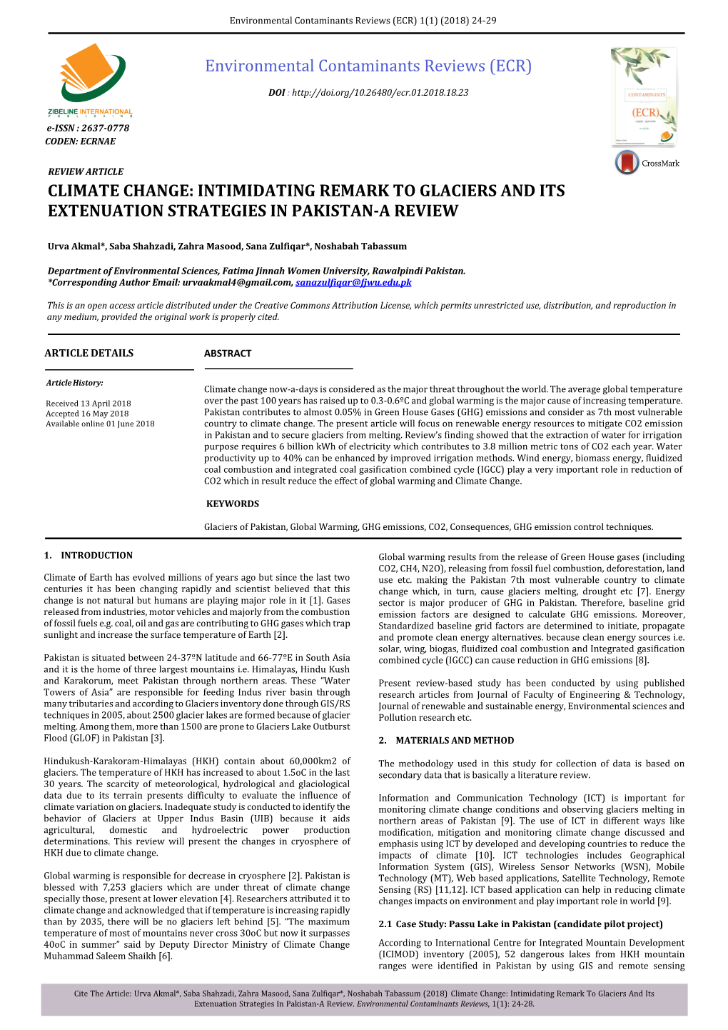 Environmental Contaminants Reviews (ECR) CLIMATE CHANGE: INTIMIDATING REMARK to GLACIERS and ITS EXTENUATION STRATEGIES in PAKIS