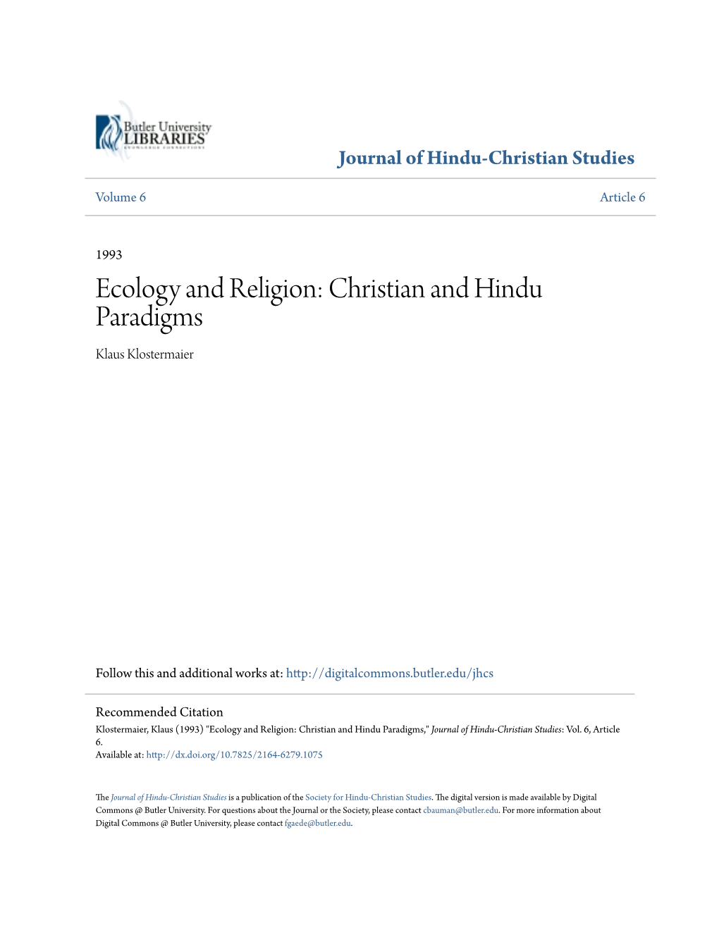 Ecology and Religion: Christian and Hindu Paradigms Klaus Klostermaier
