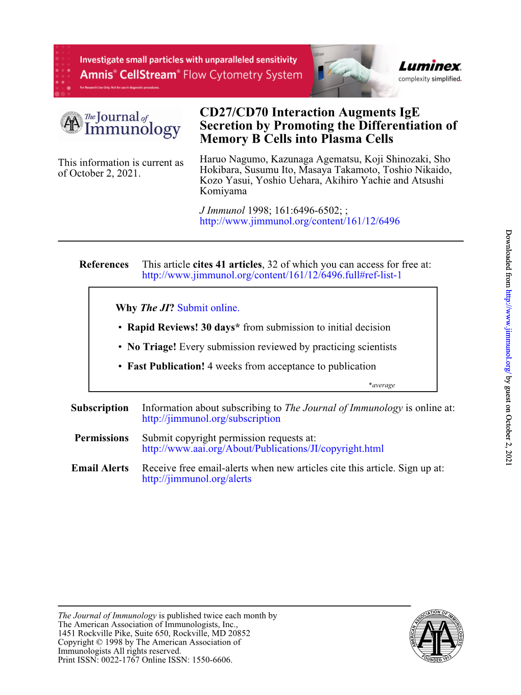 Memory B Cells Into Plasma Cells Secretion by Promoting The