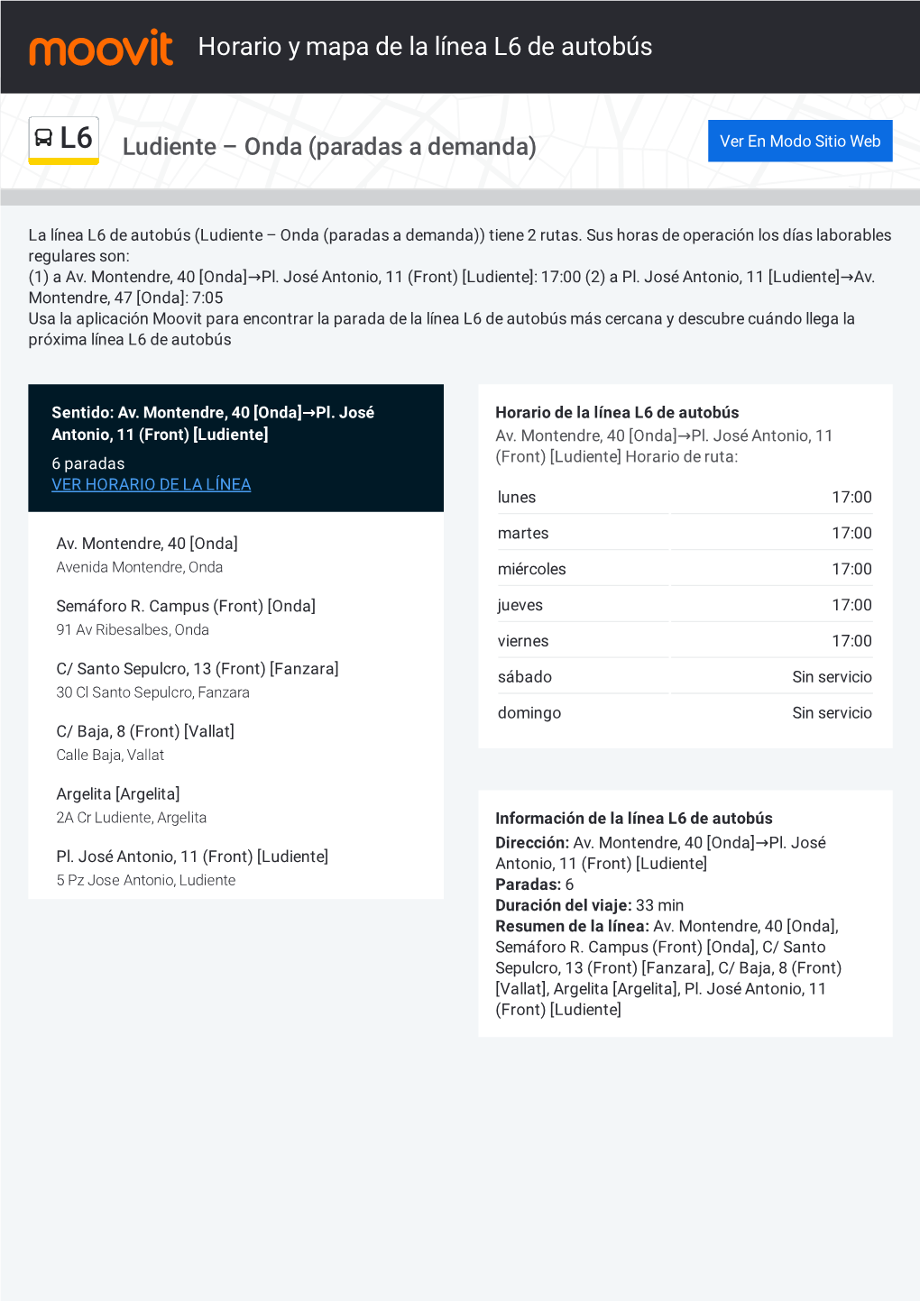 Horario Y Mapa De La Ruta L6 De Autobús