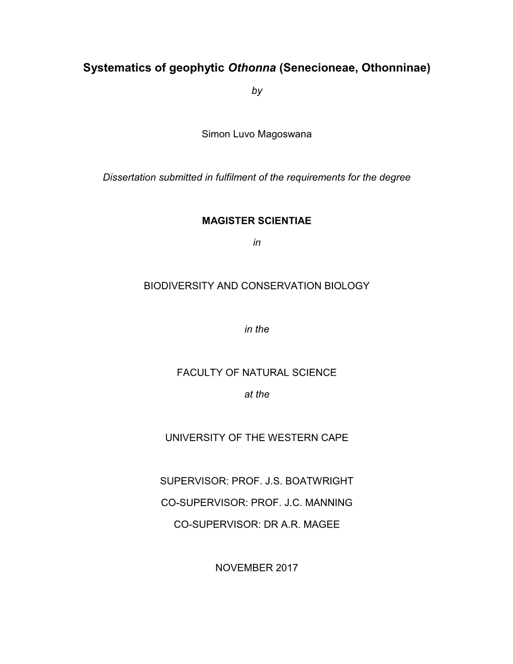 Systematics of Geophytic Othonna (Senecioneae, Othonninae)