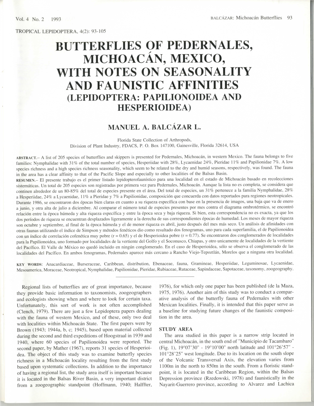 Butterflies of Pedernales, Michoacan, Mexico, with Notes on Seasonality and Faunistic Affinities (Lepidoptera: Papilionoidea and Hesperioidea)