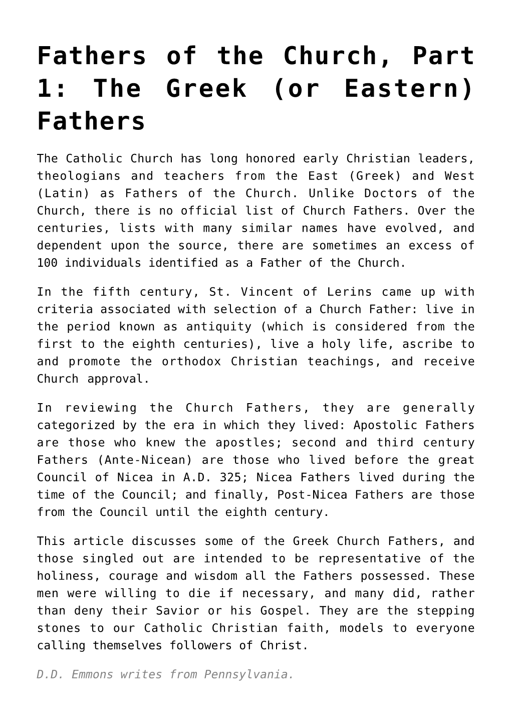 Fathers of the Church, Part 1: the Greek (Or Eastern) Fathers