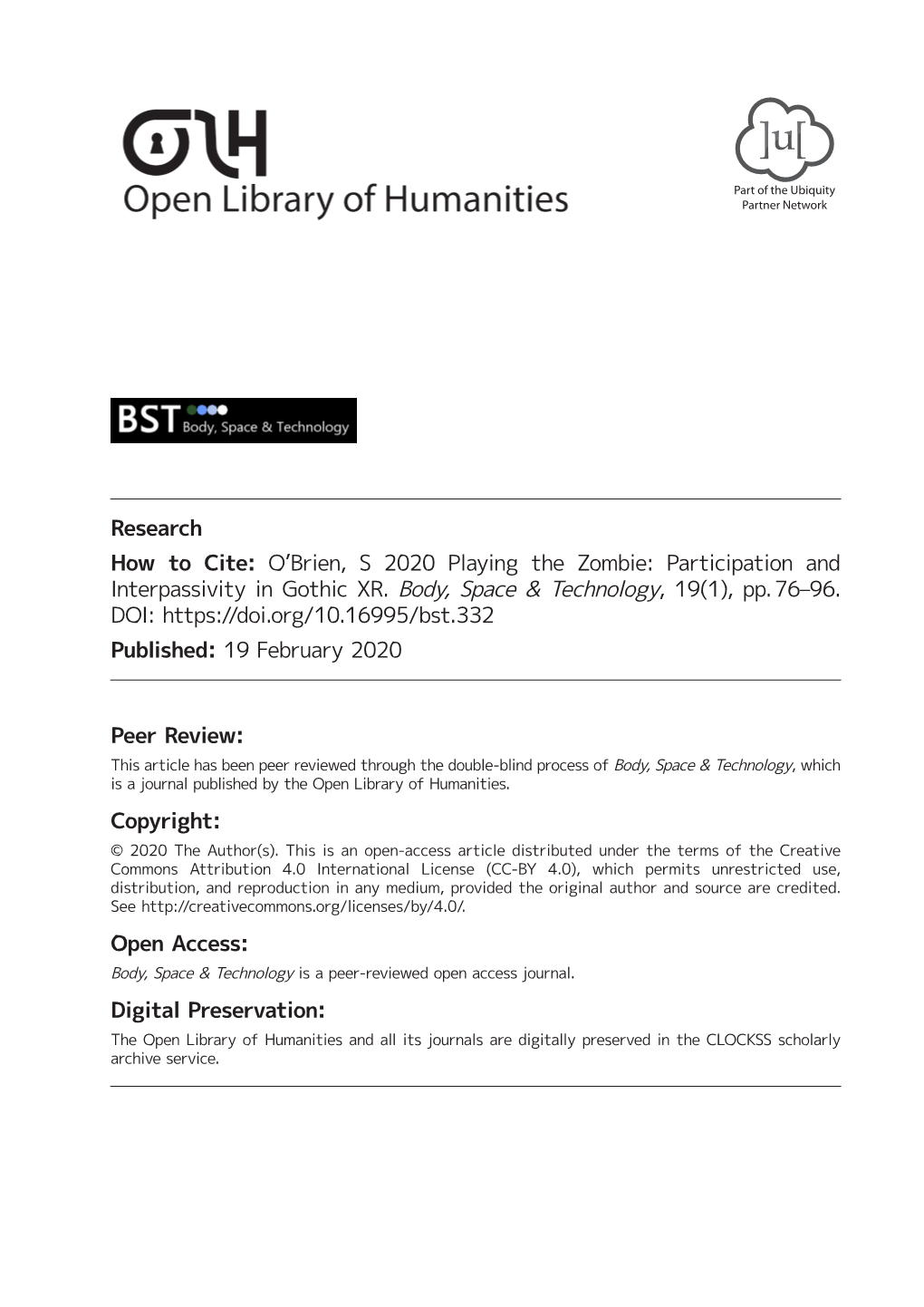 Playing the Zombie: Participation and Interpassivity in Gothic XR’ (2020) 19(1) Body, Space & Technology