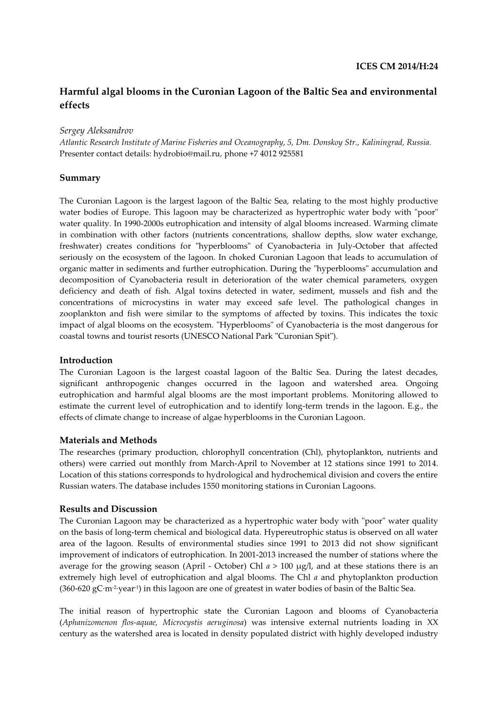 Harmful Algal Blooms in the Curonian Lagoon of the Baltic Sea and Environmental Effects