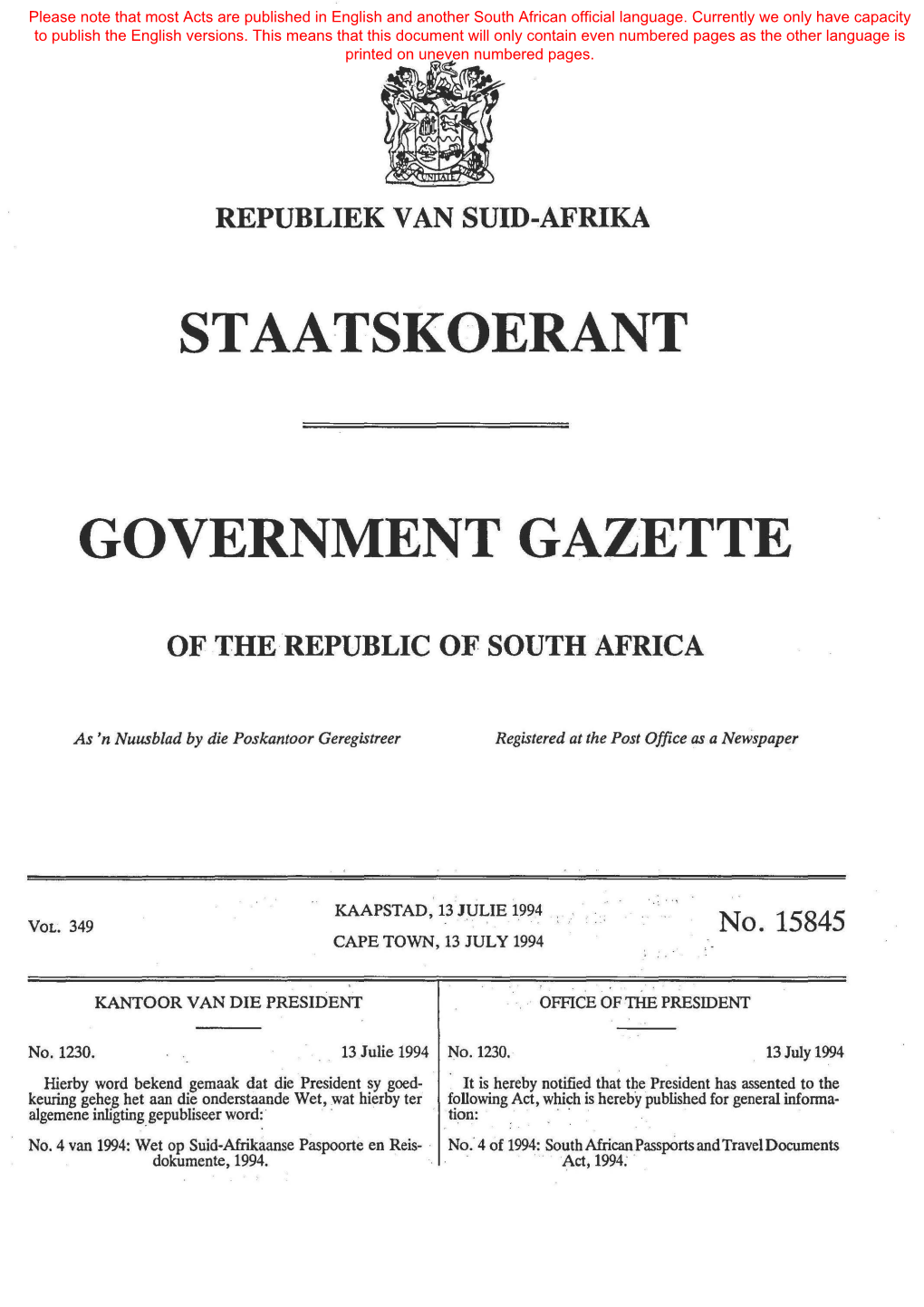 South African Passports and Travel Documents Act 4 of 1994