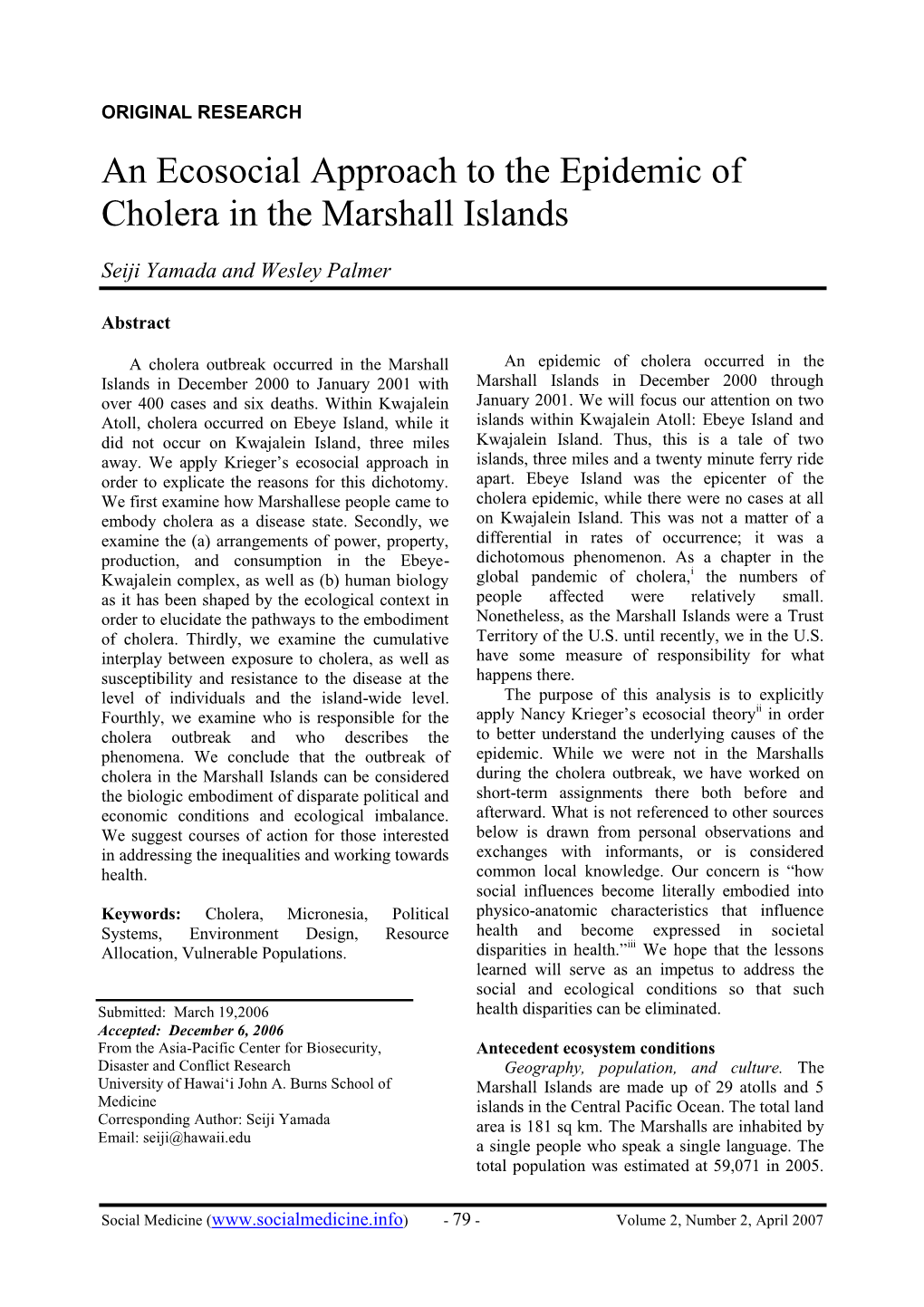 An Ecosocial Approach to the Epidemic of Cholera in the Marshall Islands