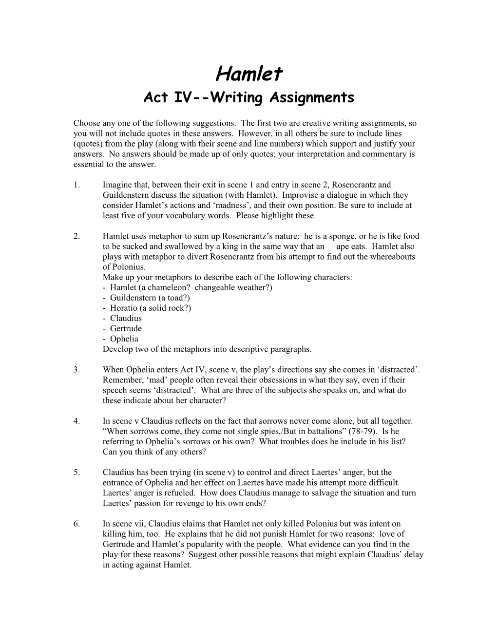 Act IV Writing Assignments