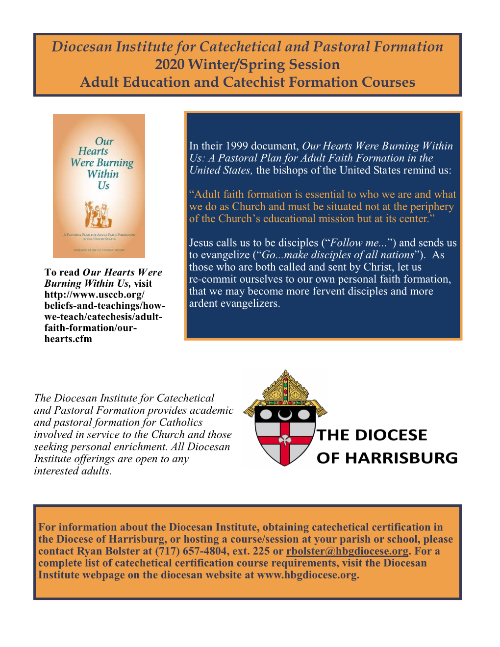 Diocesan Institute for Catechetical and Pastoral Formation 2020 Winter/Spring Session Adult Education and Catechist Formation Courses