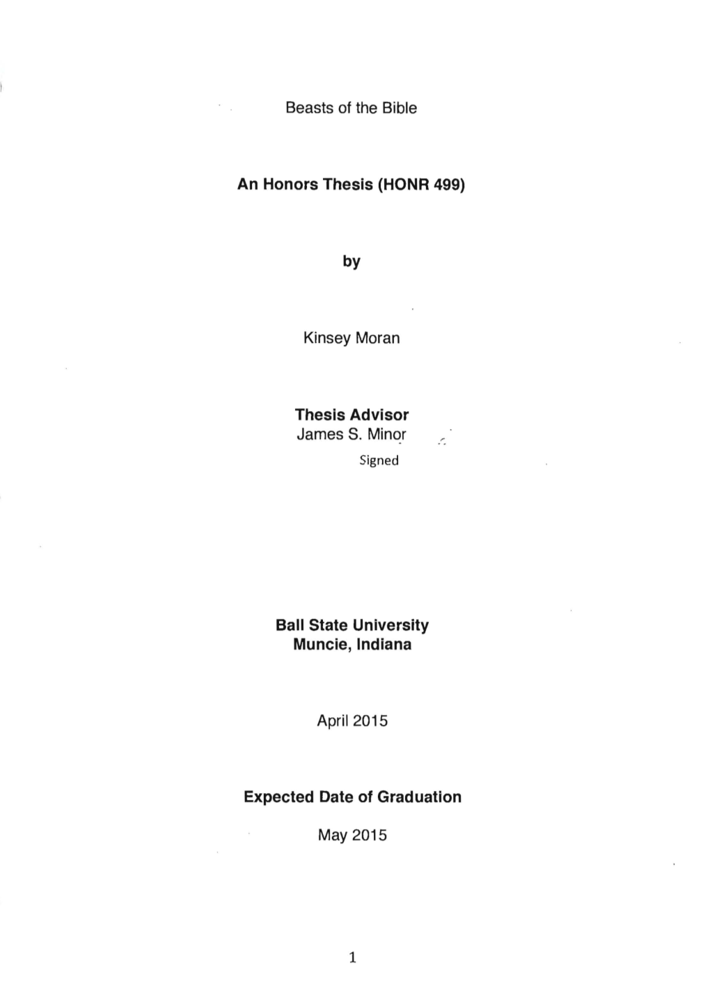 Beasts of the Bible an Honors Thesis (HONR 499) Kinsey Moran Thesis