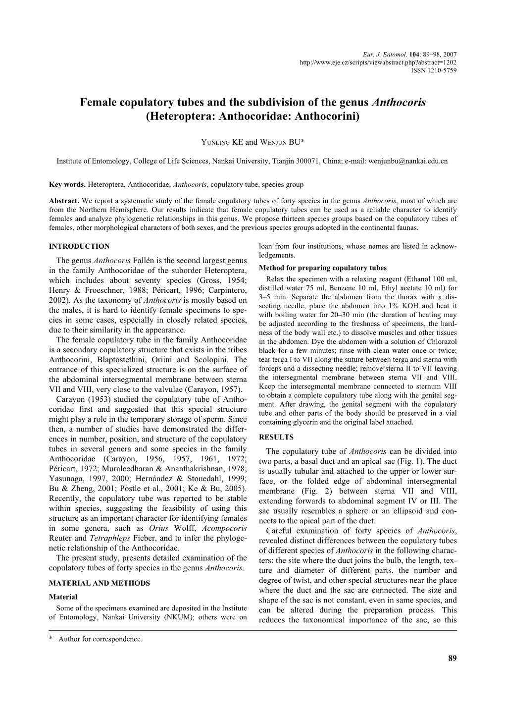 Female Copulatory Tubes and the Subdivision of the Genus Anthocoris (Heteroptera: Anthocoridae: Anthocorini)