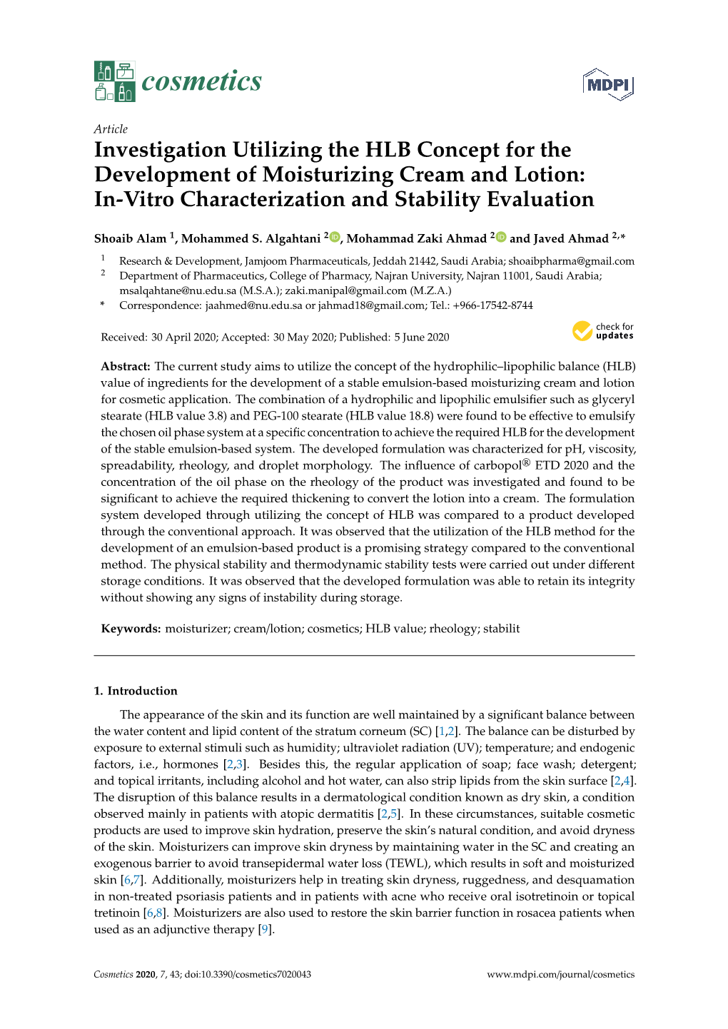 Investigation Utilizing the HLB Concept for the Development of Moisturizing Cream and Lotion: In-Vitro Characterization and Stability Evaluation