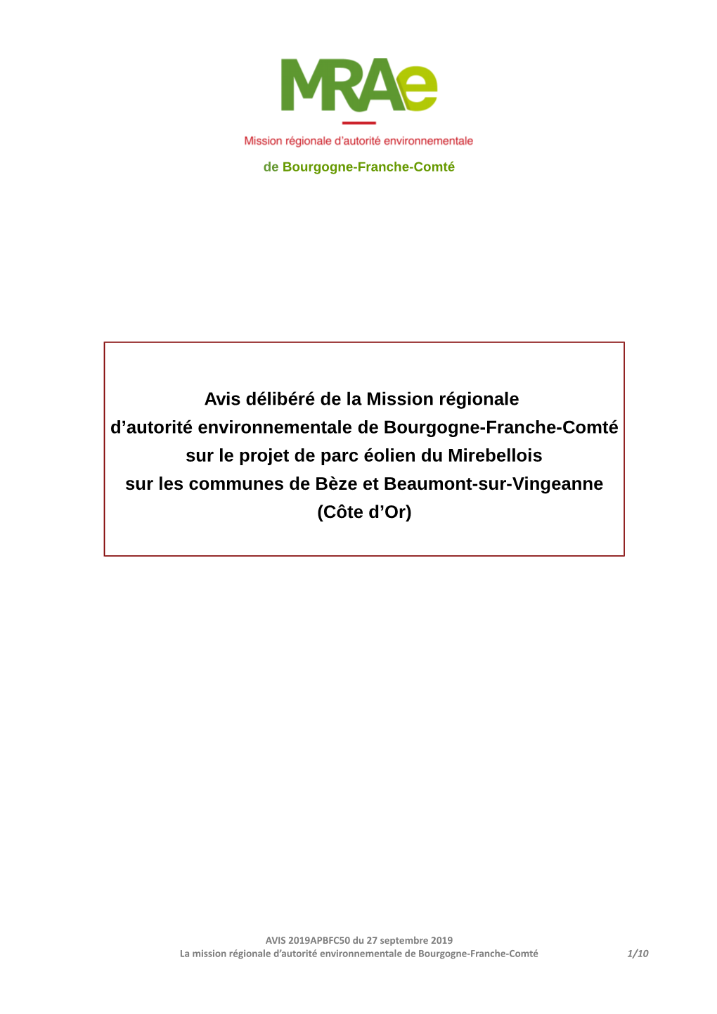 Avis Délibéré De La Mission Régionale D'autorité Environnementale De