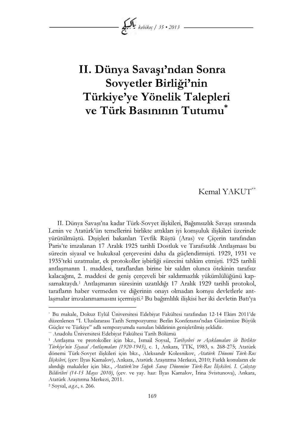 II. Dünya Savaşı'ndan Sonra Sovyetler Birliği'nin Türkiye