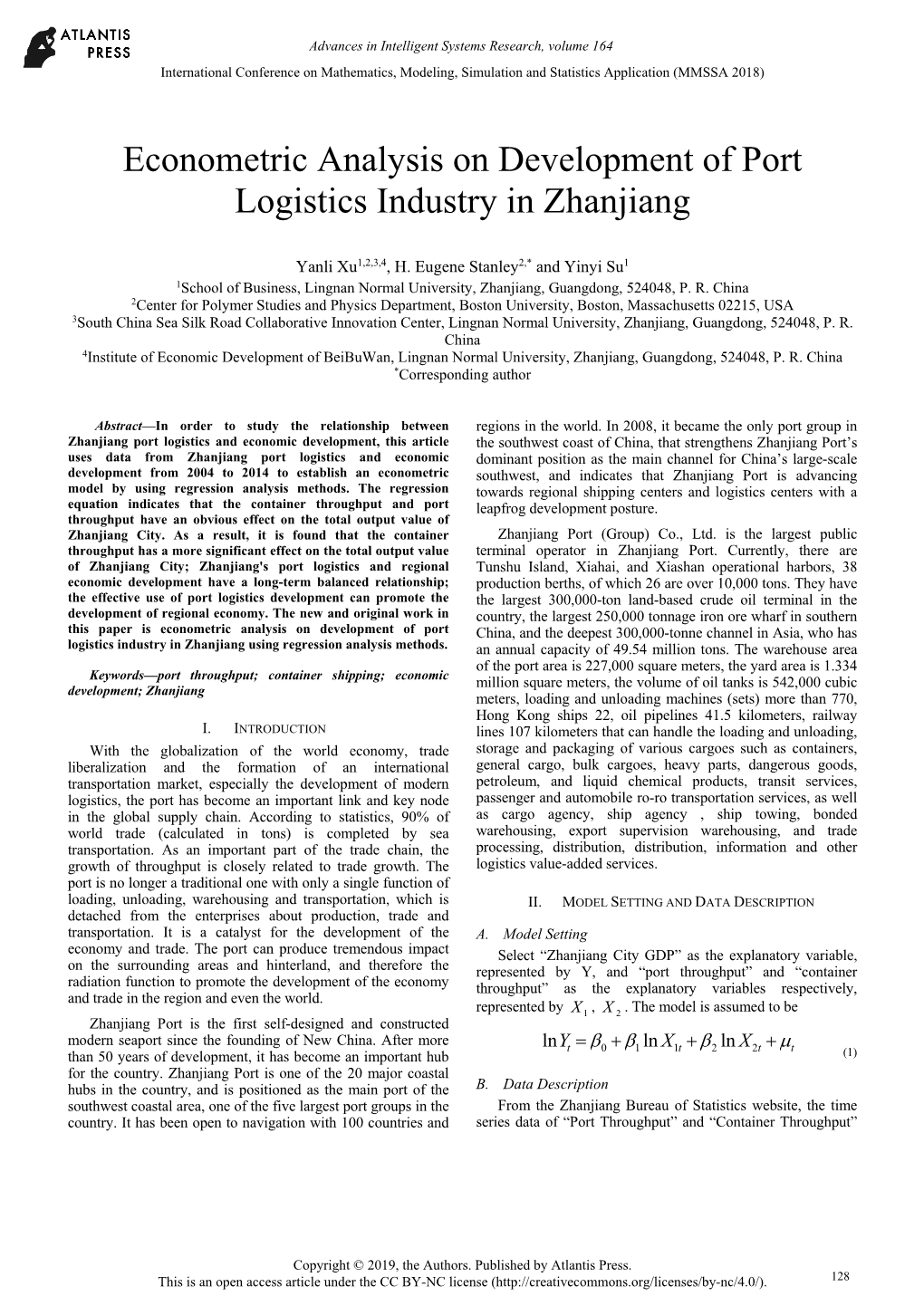 Econometric Analysis on Development of Port Logistics Industry in Zhanjiang