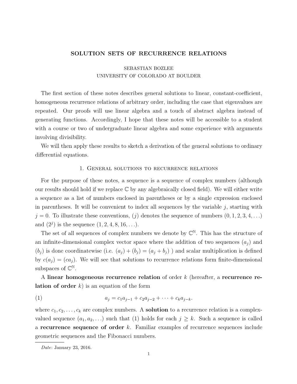 SOLUTION SETS of RECURRENCE RELATIONS the First Section Of