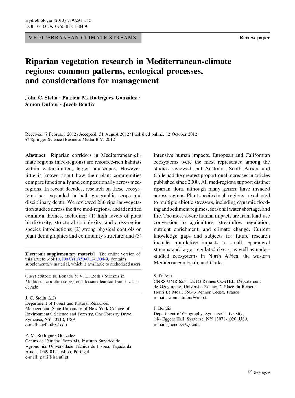 Riparian Vegetation Research in Mediterranean-Climate Regions: Common Patterns, Ecological Processes, and Considerations for Management
