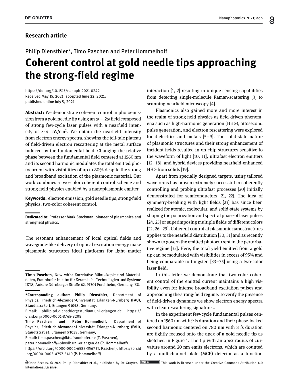 Coherent Control at Gold Needle Tips Approaching the Strong-Field Regime