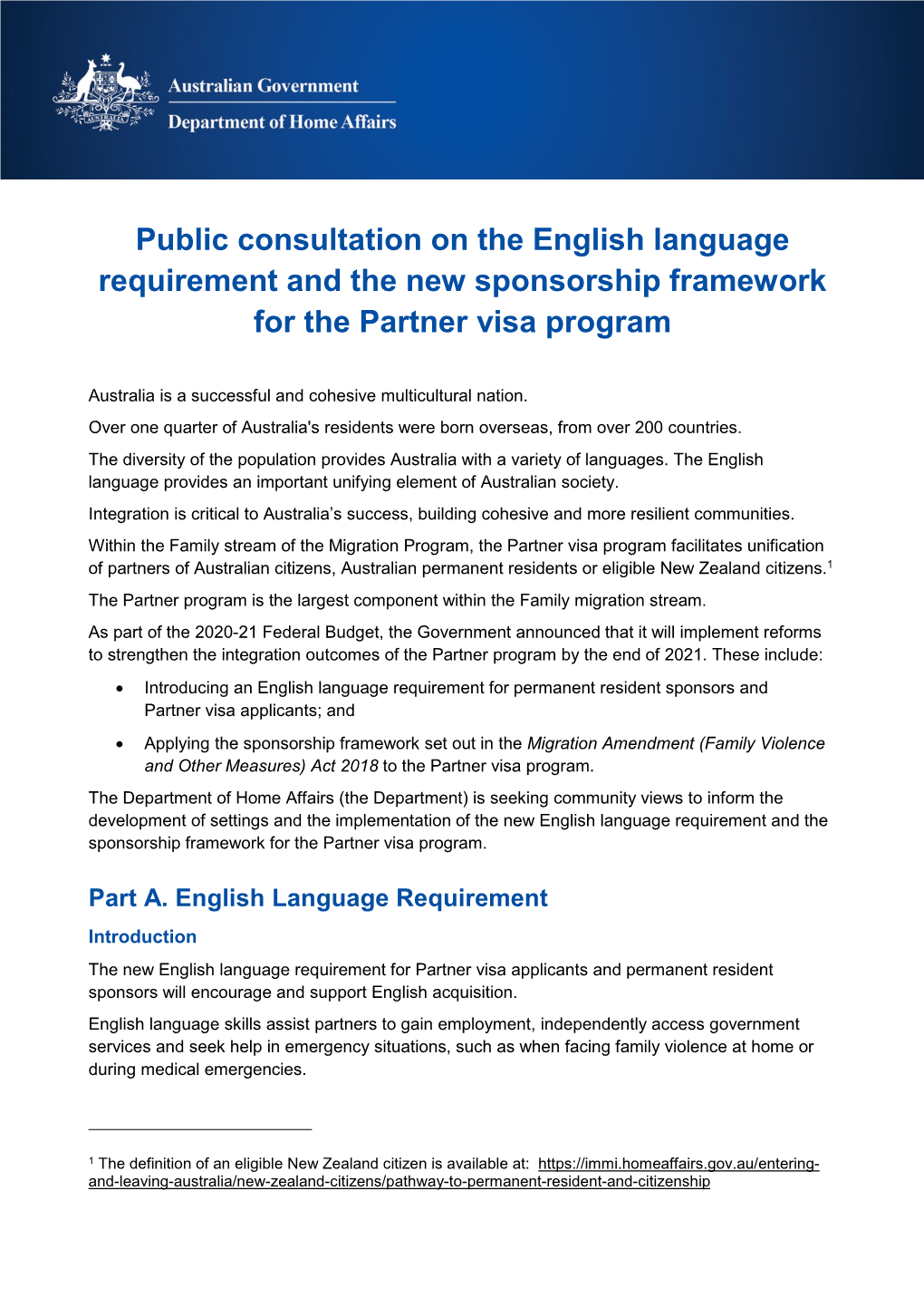 Public Consultation on the English Language Requirement and the New Sponsorship Framework for the Partner Visa Program