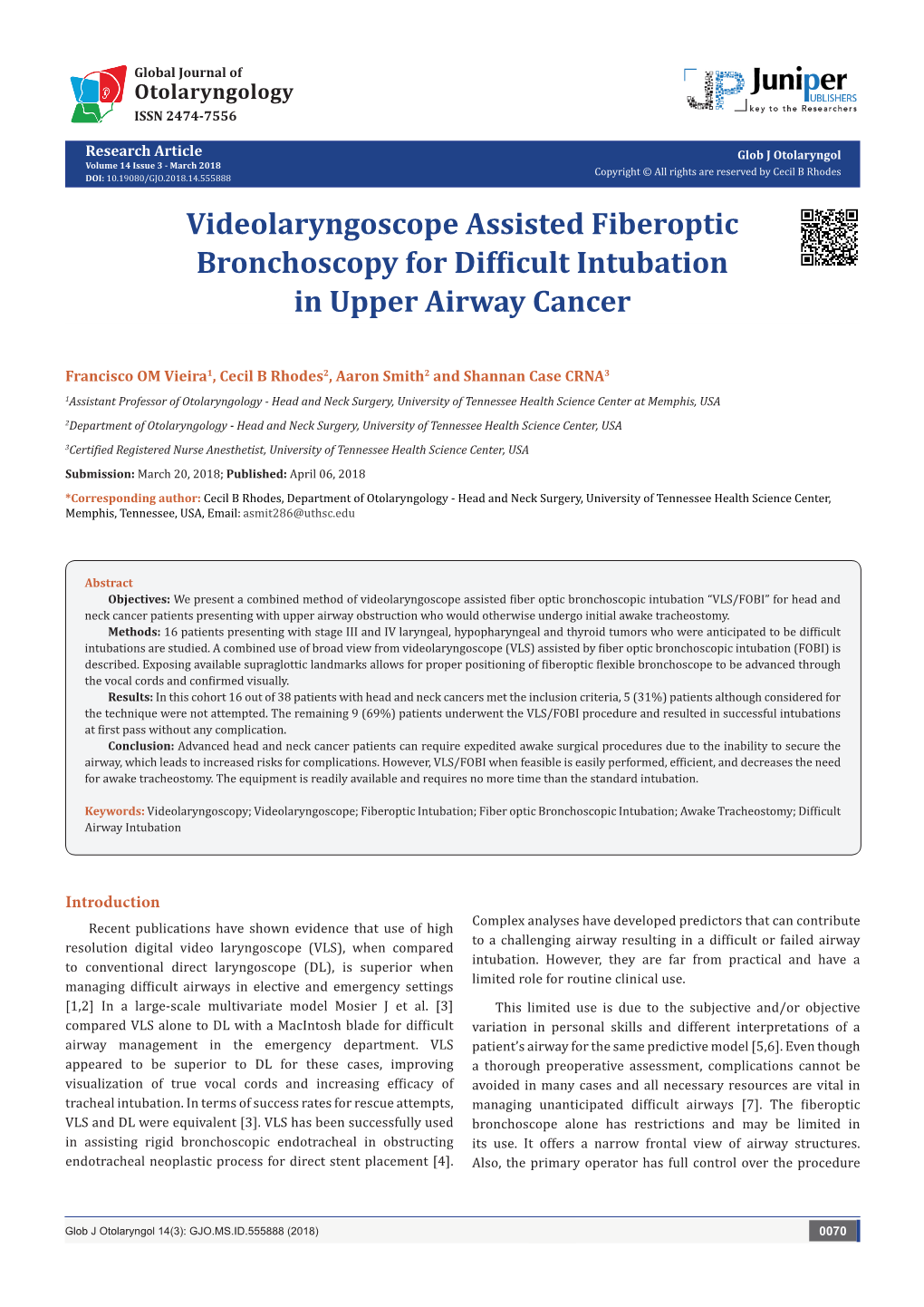 Videolaryngoscope Assisted Fiberoptic Bronchoscopy for Difficult Intubation in Upper Airway Cancer