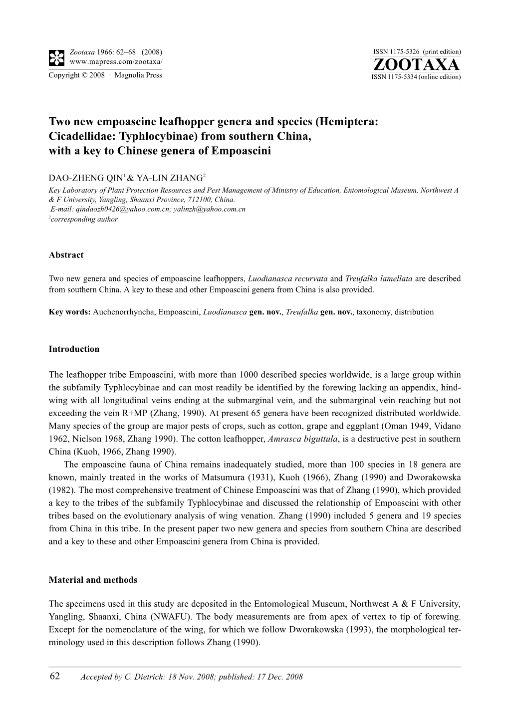 Zootaxa, Two New Empoascine Leafhopper Genera and Species (Hemiptera