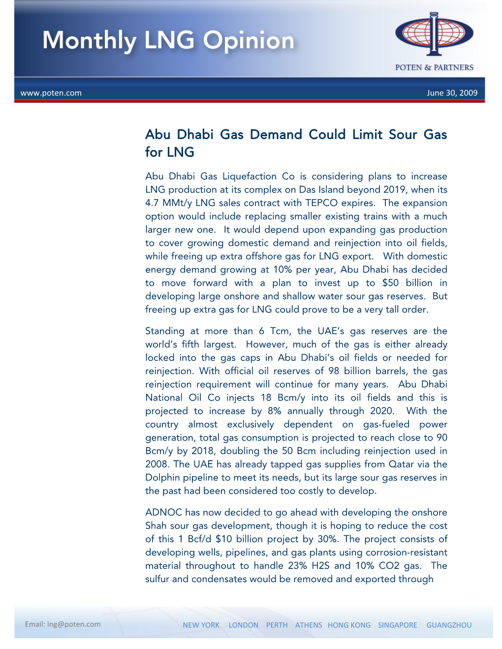 Abu Dhabi Gas Demand Could Limit Sour Gas for LNG