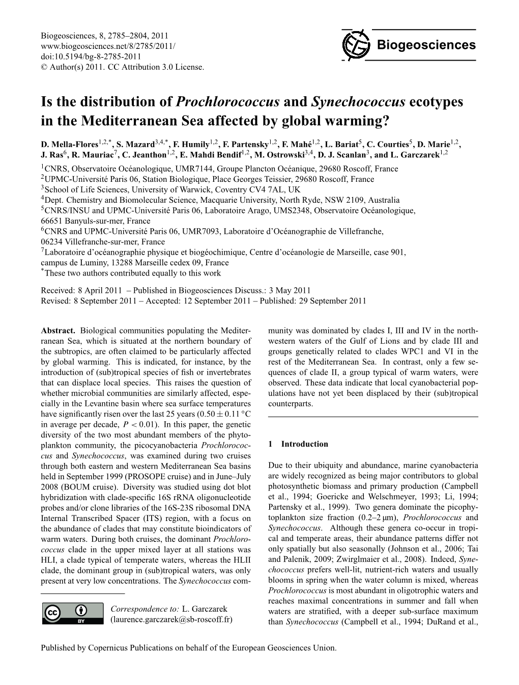 Is the Distribution of Prochlorococcus and Synechococcus Ecotypes in the Mediterranean Sea Affected by Global Warming?