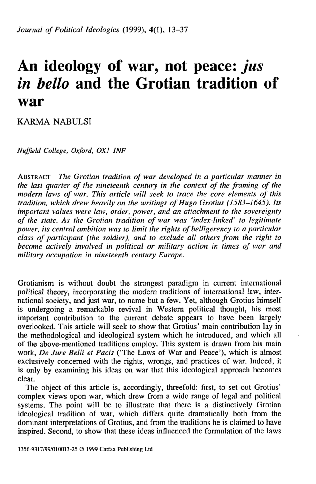 An Ideology of War, Not Peace: Jus in Bello and the Grotian Tradition Of