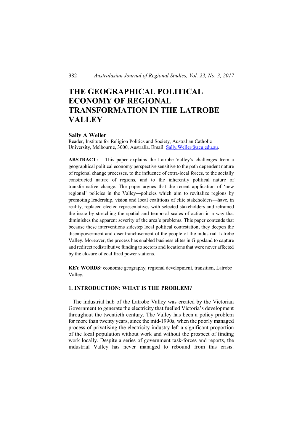 The Geographical Political Economy of Regional Transformation in the Latrobe Valley