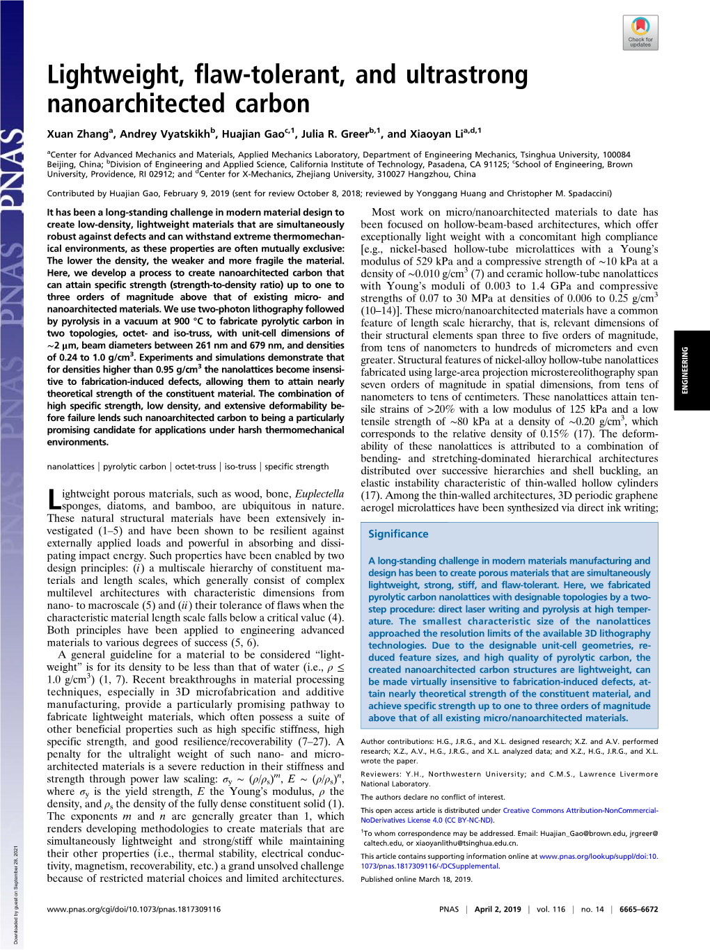 Lightweight, Flaw-Tolerant, and Ultrastrong Nanoarchitected Carbon