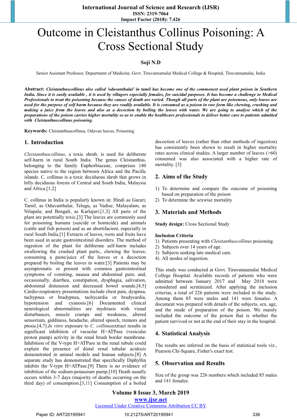 Outcome in Cleistanthus Collinus Poisoning: a Cross Sectional Study