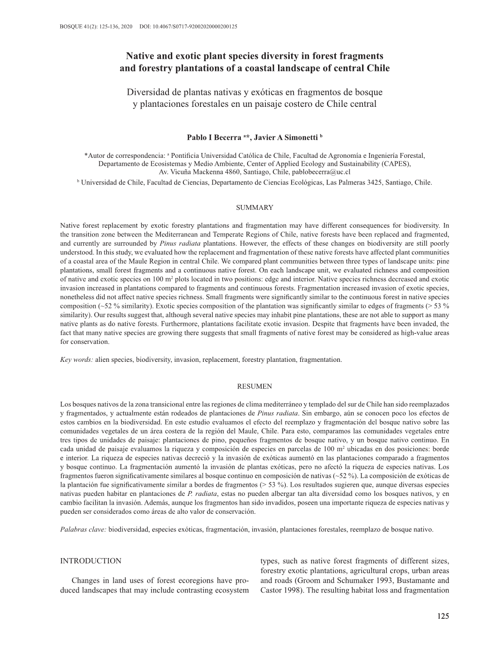 Native and Exotic Plant Species Diversity in Forest Fragments and Forestry Plantations of a Coastal Landscape of Central Chile D