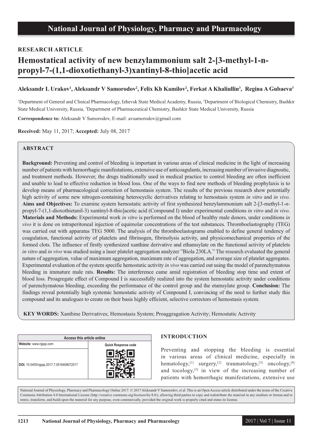 Hemostatical Activity of New Benzylammonium Salt 2-[3-Methyl-1-N- Propyl-7-(1,1-Dioxotiethanyl-3)Xantinyl-8-Thio]Acetic Acid