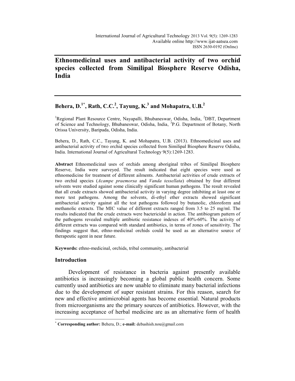 Ethnomedicinal Uses and Antibacterial Activity of Two Orchid Species Collected from Similipal Biosphere Reserve Odisha, India