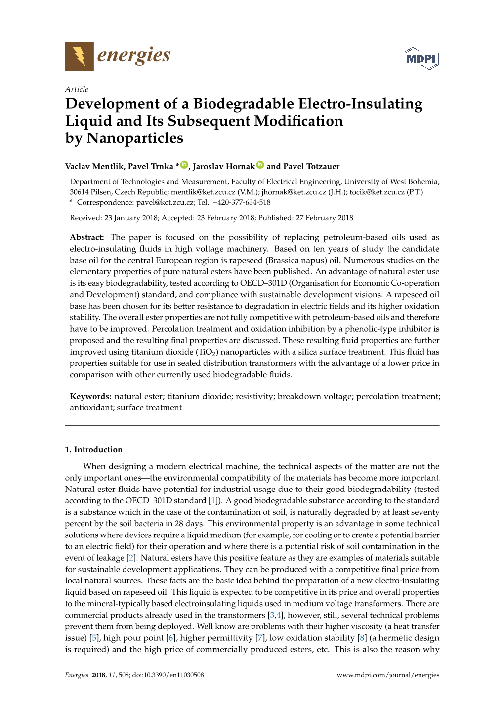 Development of a Biodegradable Electro-Insulating Liquid and Its Subsequent Modiﬁcation by Nanoparticles