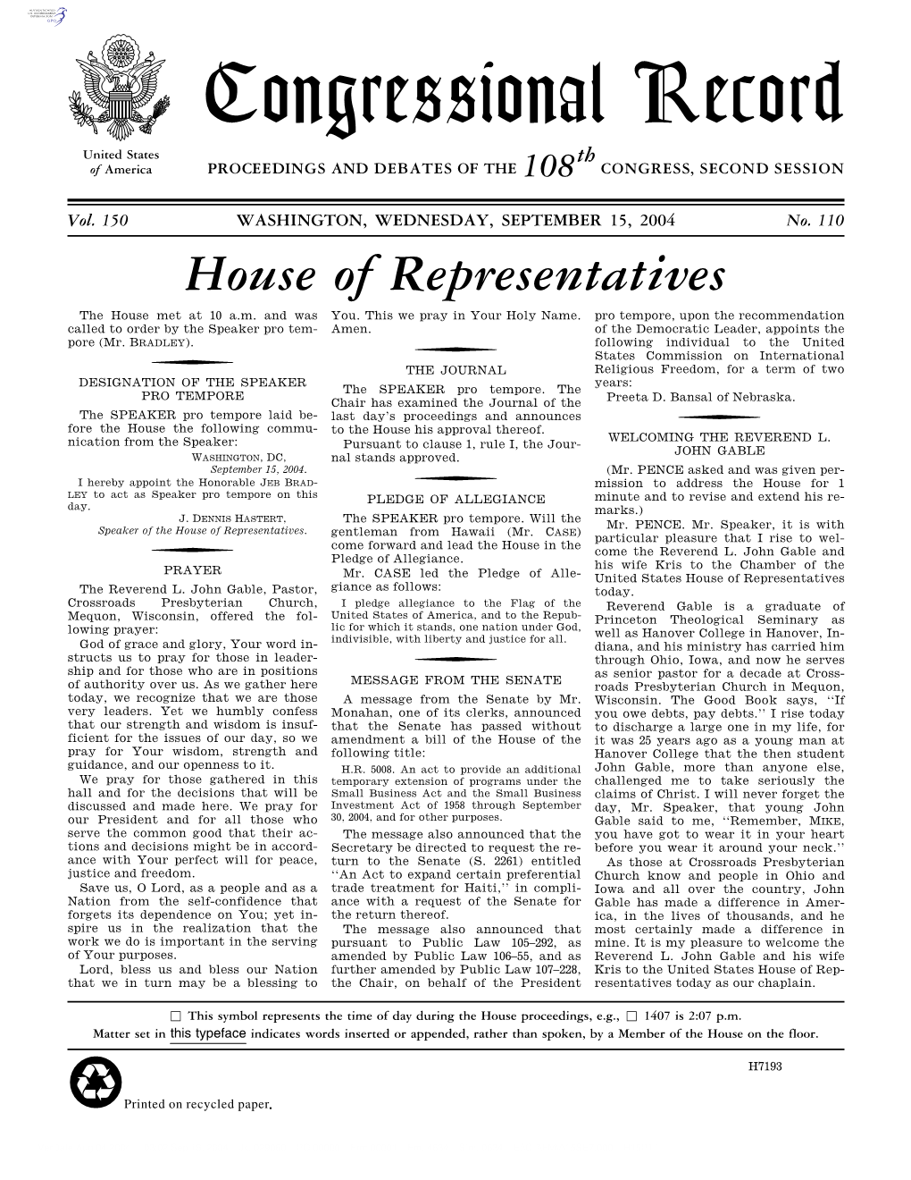 Congressional Record United States Th of America PROCEEDINGS and DEBATES of the 108 CONGRESS, SECOND SESSION