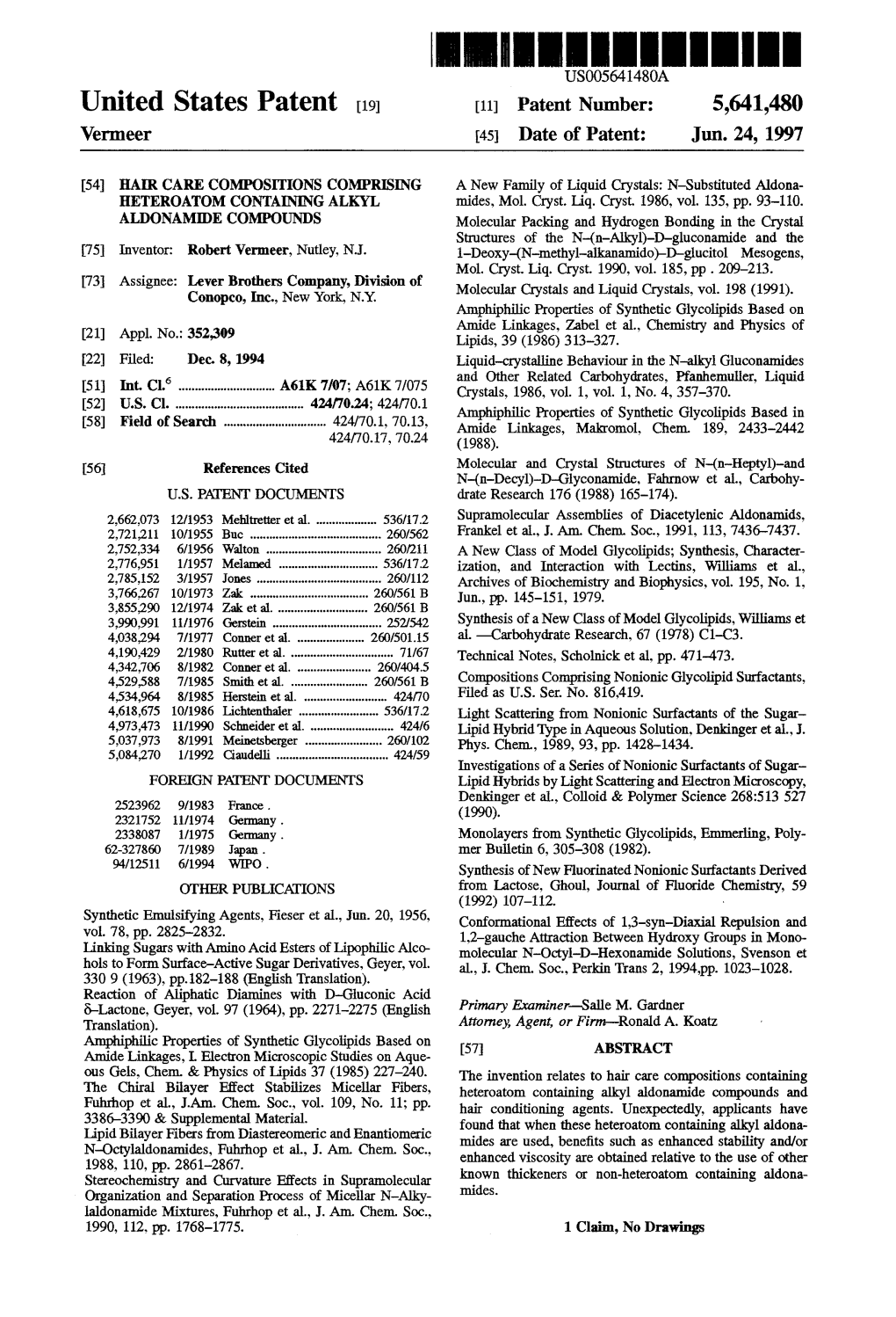 United States Patent [19] [11] Patent Number: 5,641,480 Vermeer [45] Date of Patent: Jun