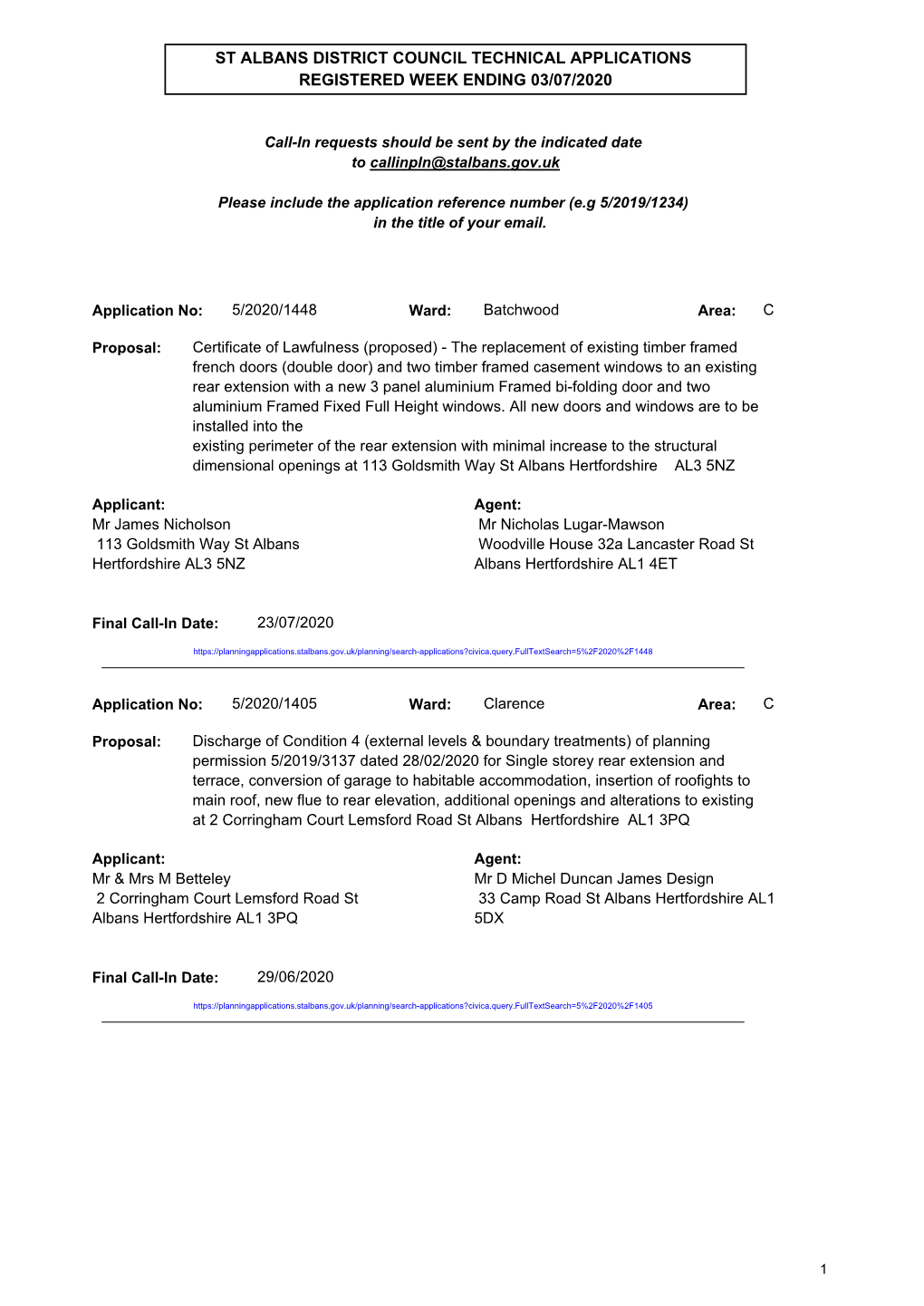 St Albans District Council Technical Applications Registered Week Ending 03/07/2020