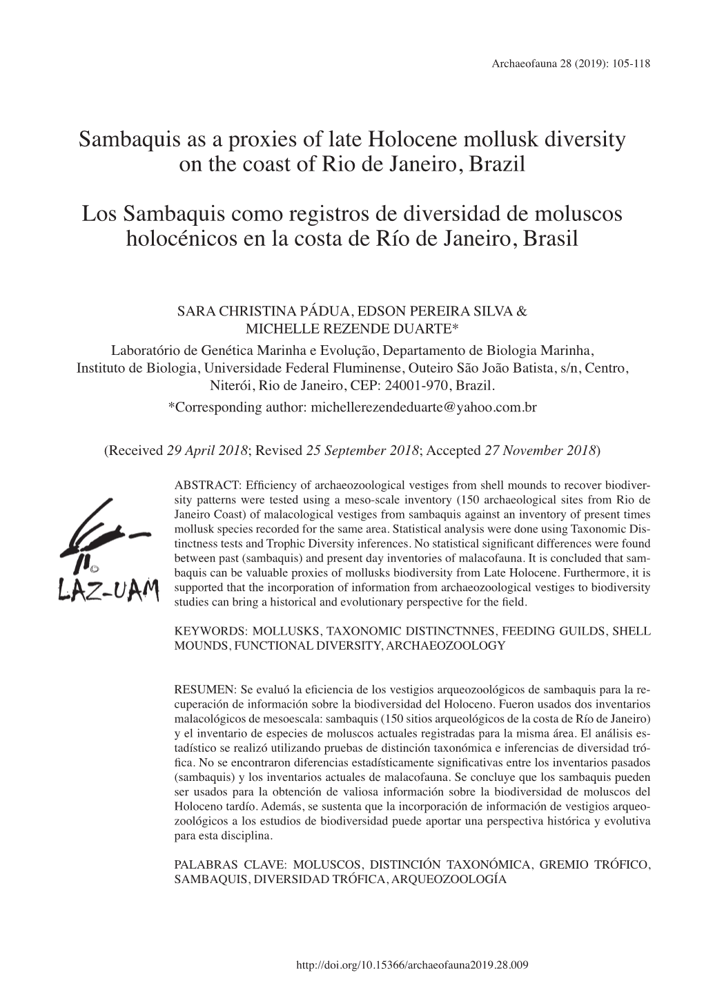 Sambaquis As a Proxies of Late Holocene Mollusk Diversity on the Coast of Rio De Janeiro, Brazil