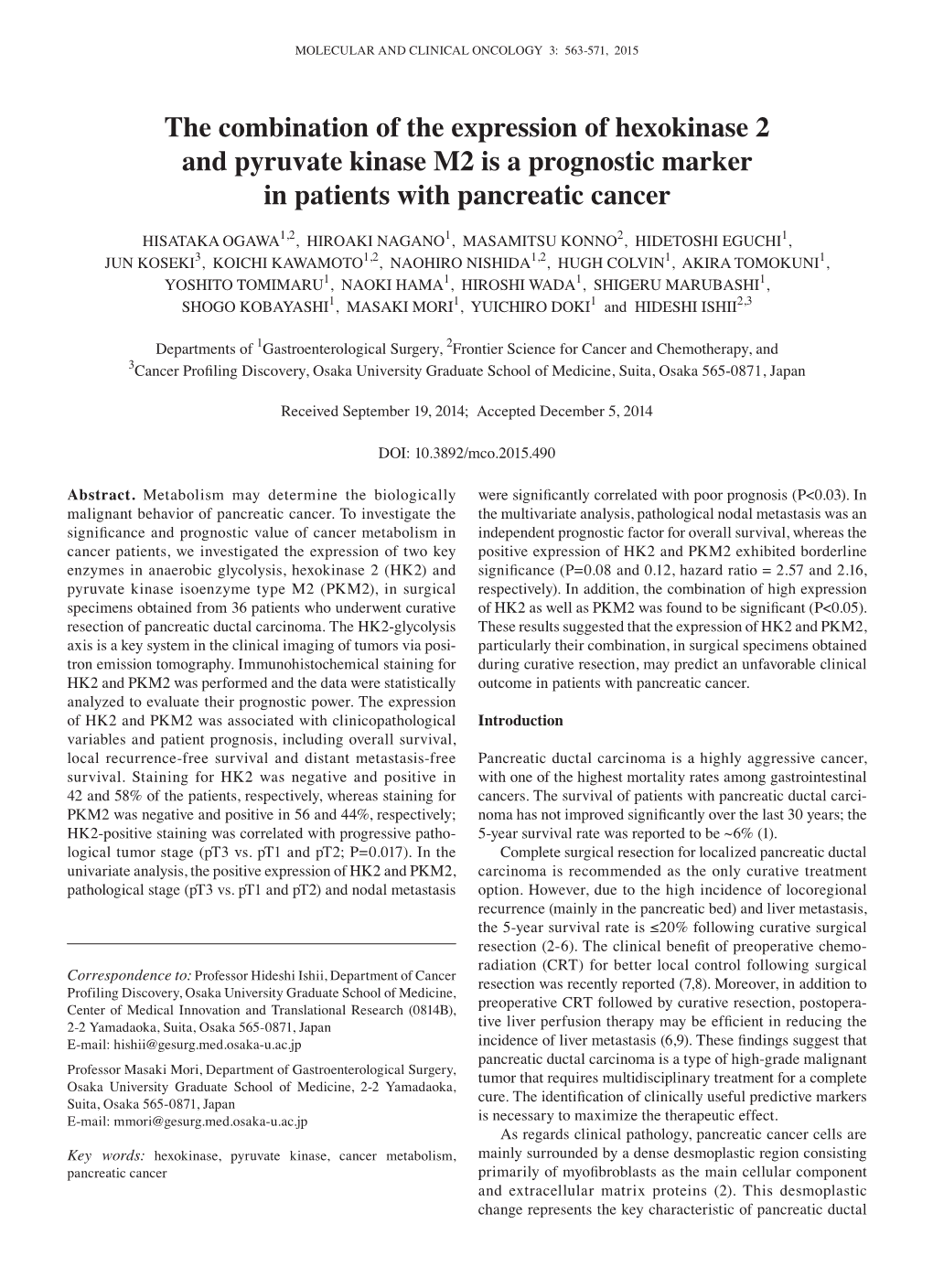 The Combination of the Expression of Hexokinase 2 and Pyruvate Kinase M2 Is a Prognostic Marker in Patients with Pancreatic Cancer