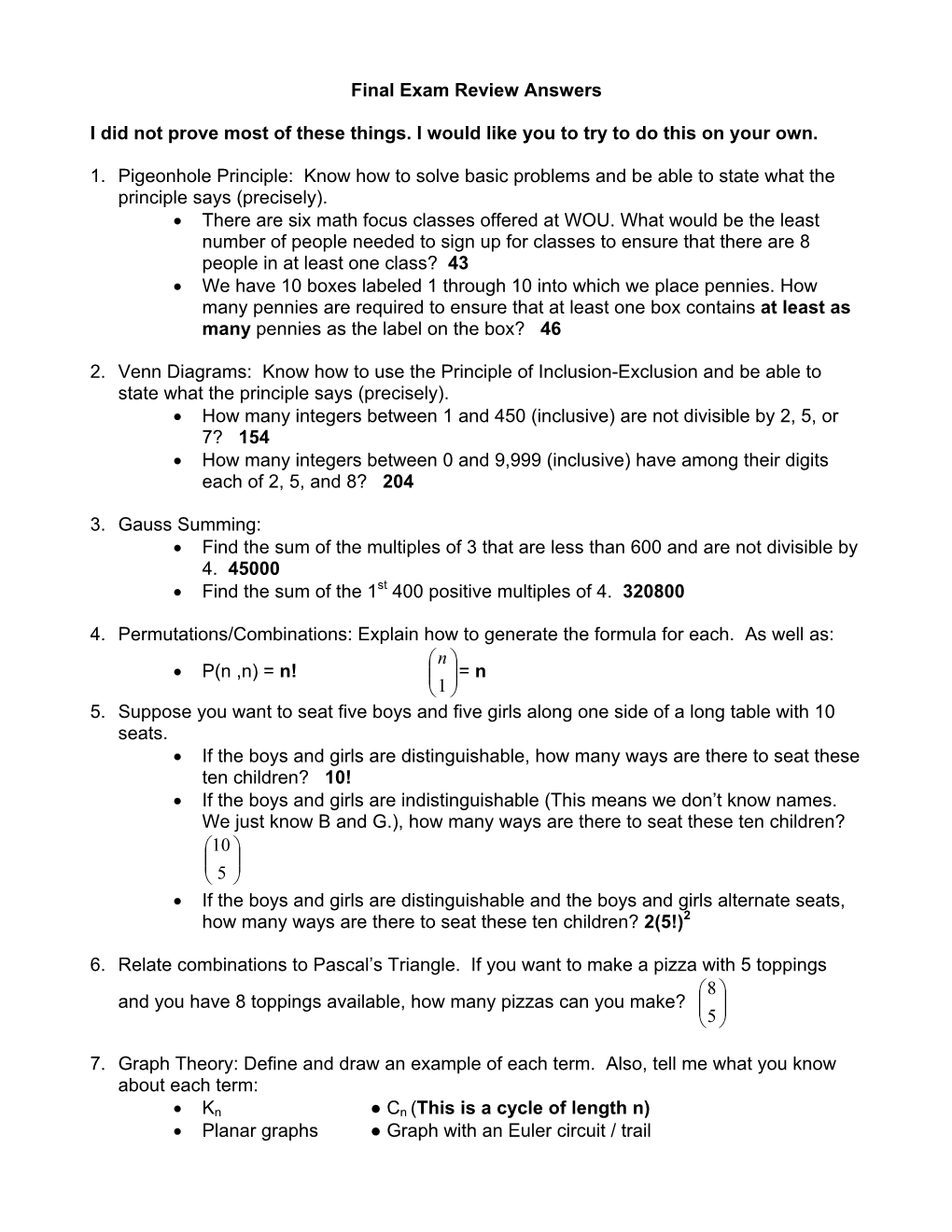 Final Exam Review Answers I Did Not Prove Most of These Things. I Would