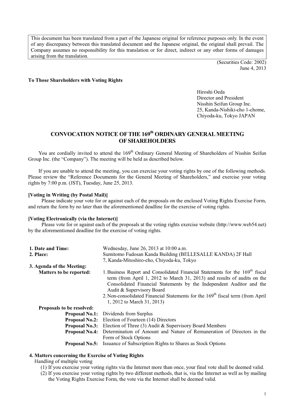 Convocation Notice of the 169 Ordinary General Meeting